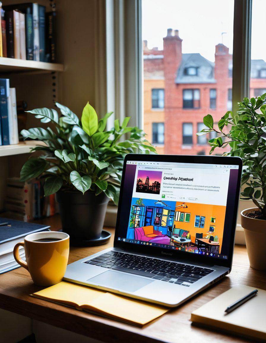 A cozy home office setup with a laptop open to a blog page filled with colorful engagement metrics. Surrounding are books on community building, a steaming cup of coffee, and sticky notes with tips on enhancing reader interaction. A small potted plant adds a touch of nature, while a window shows a vibrant cityscape outside. The atmosphere is warm and inviting, reflecting creativity and connection. digital illustration. vibrant colors. cozy atmosphere.