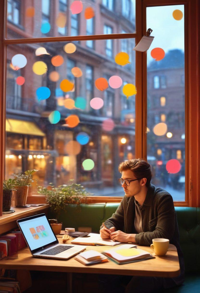 A warm, inviting scene of a writer at a cozy café, surrounded by notebooks and a laptop, showcasing vibrant ideas swirling in the air as colorful speech bubbles. Include an inspiring view through the window of a bustling city life, emphasizing creativity and engagement through content. super-realistic. vibrant colors. soft focus.