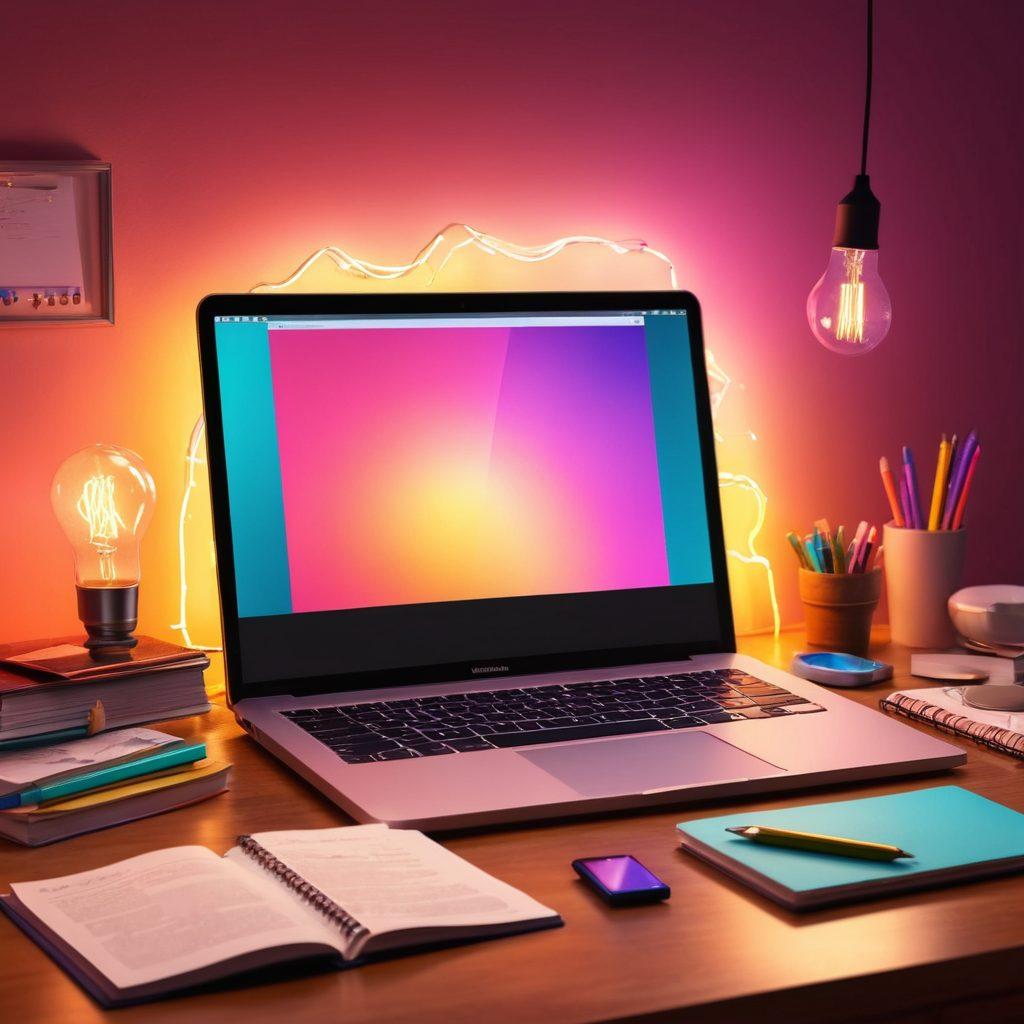 An open digital diary glowing with vibrant colors, surrounded by floating content creation tools like laptops, pens, and light bulbs symbolizing ideas. A warm, inviting background that suggests creativity and inspiration, with soft light illuminating the pages. This scene exudes a sense of empowerment and opportunity. super-realistic. vibrant colors. soft glow.
